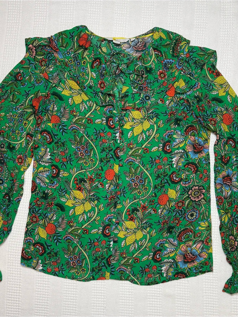 Boden Ruffle Neck Blouse Green Floral Fruit Lemon Top Viscose US 6